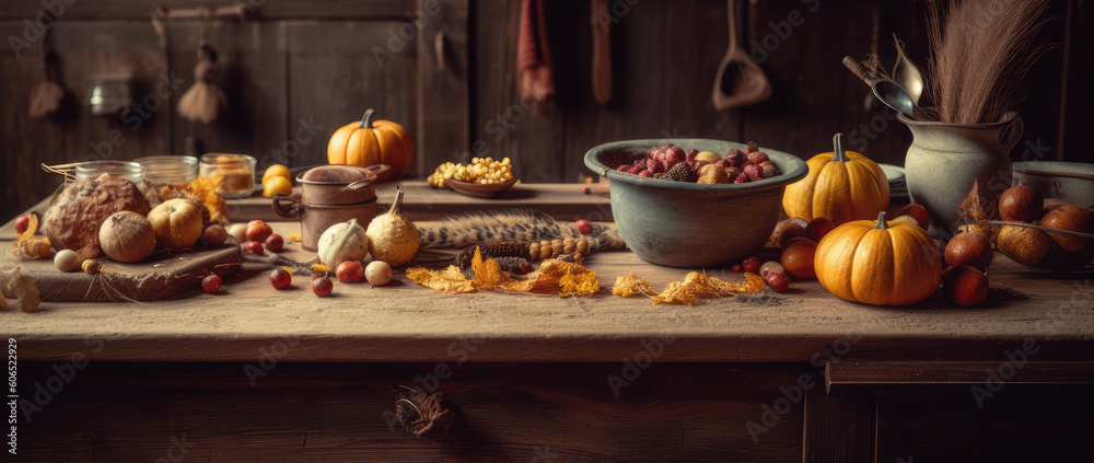 Pumpkins with candle, lights, autumn leaves, corn, nuts, chestnuts, cinnamon and dried berries on rustic table. Cozy autumn atmospheric image. Happy Thanksgiving. Generation AI Pumpkins with candle, lights, autumn leaves, corn, nuts, chestnuts, cinnamon and dried berries on rustic table. Cozy autumn atmospheric image. Happy Thanksgiving. Generation AI