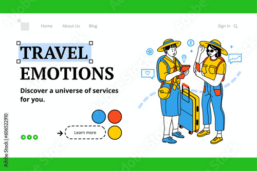 Travellers in Travelling Clothes. Vector Illustration of a Group of Tourists Hiking in the Mountains.
