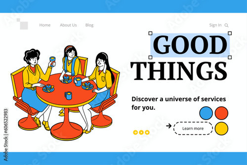 A group of women enjoying a tea party at a table. Vector illustration in flat retro arcade style.