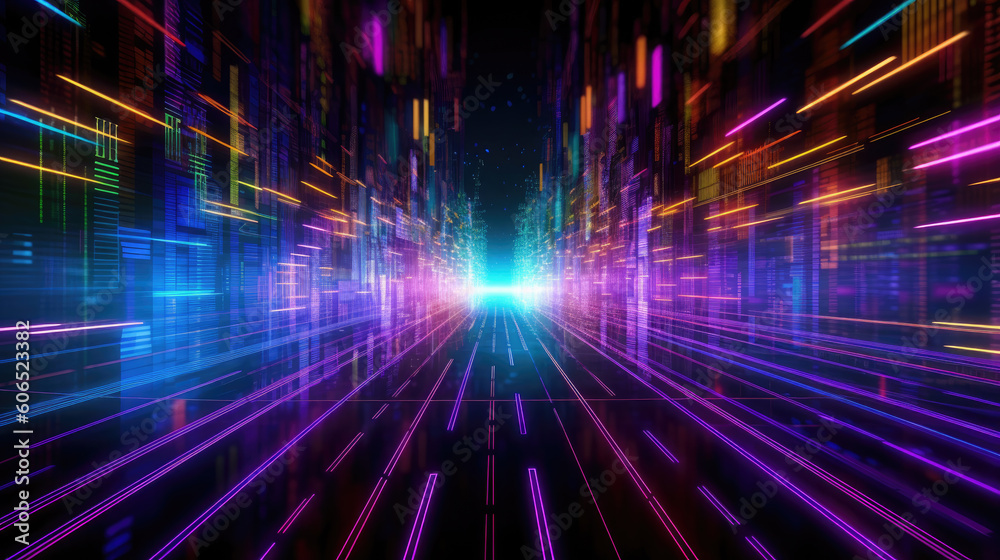 futuristic cityscape highway with neon lights at high speed in virtual reality. generative ai