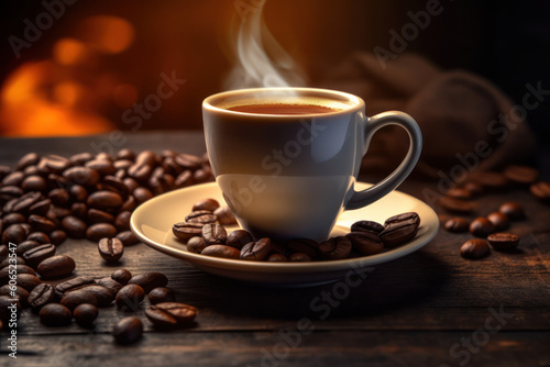 Cup of coffee latte with heart shape and coffee beans on old wooden background. Generated by AI © STORYTELLER