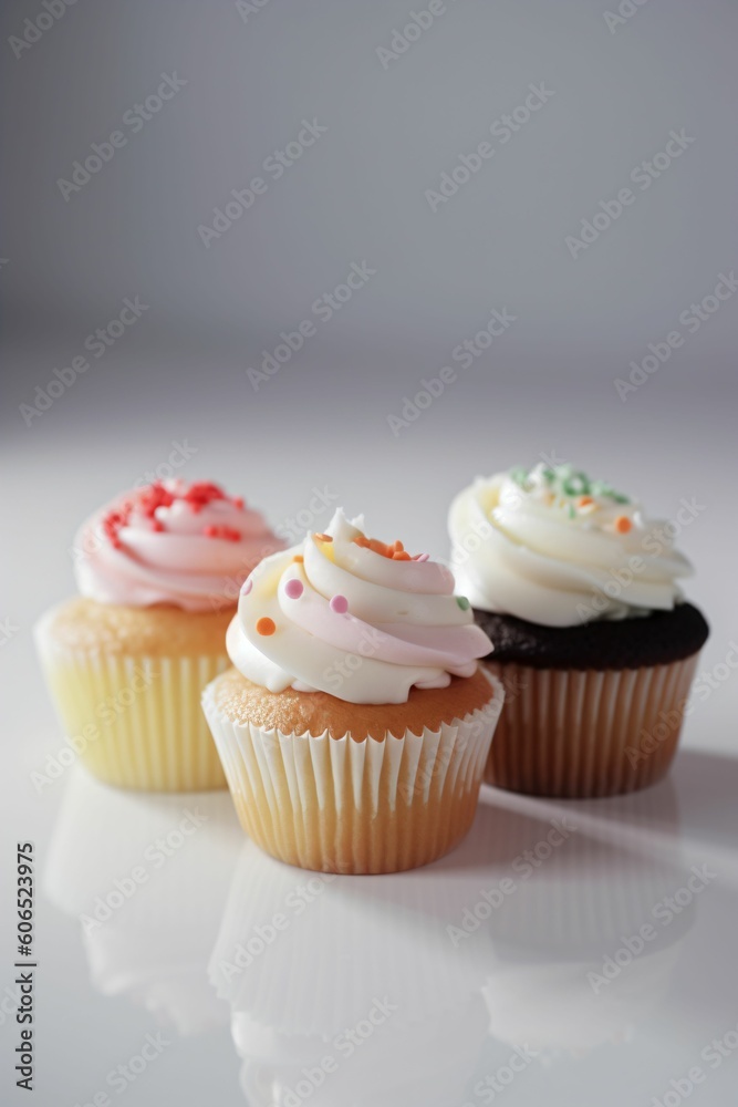 Cupcakes colorés sur un fond neutre, illustration culinaire de petit gâteaux, ia générative