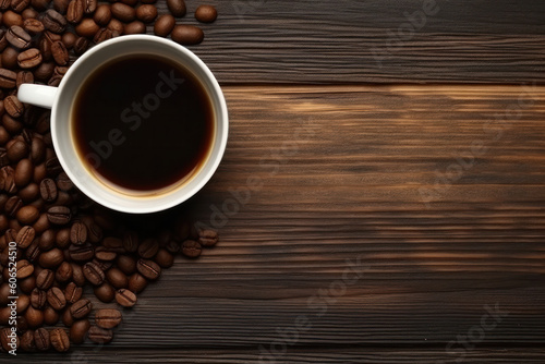 Cup of coffee latte with heart shape and coffee beans on old wooden background. Generated by AI