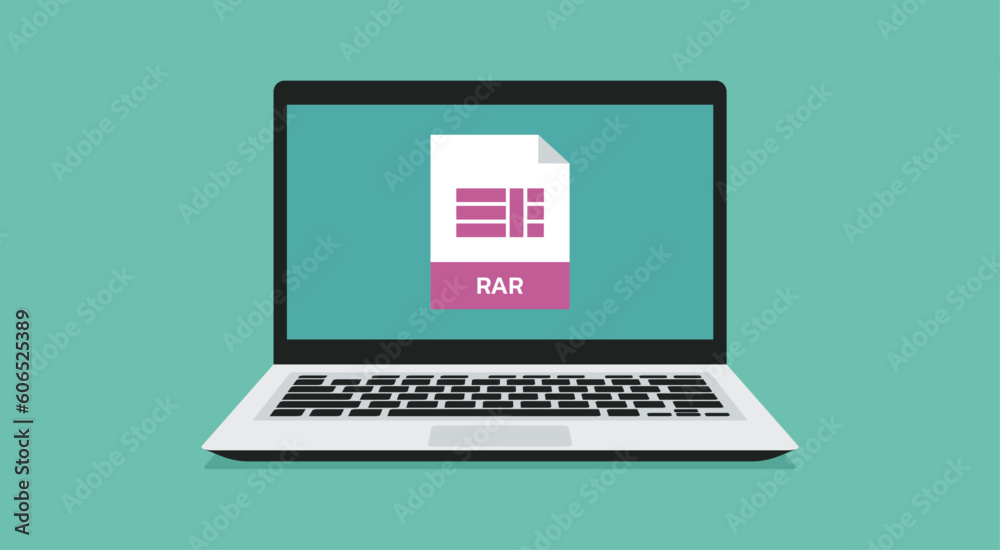 file format icon with RAR label on laptop screen, vector flat illustration file format icon with RAR label on laptop screen, vector flat illustration