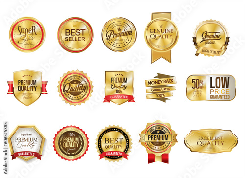 Collection of golden commercial labels and ribbon templates vector illustration