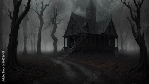 building in the foggy forest Halloween scene