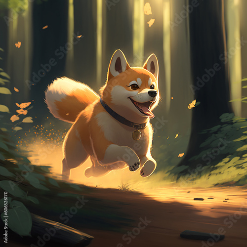 Shiba inu che corre allegro in una foresta magica