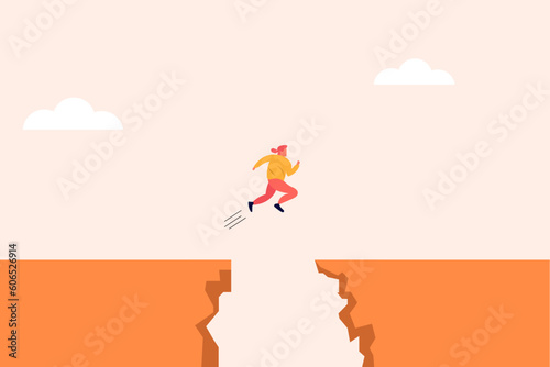 business woman jump through the gap. Concept of success, motivation, goal, professional growth, goal or target, challenge, career growth