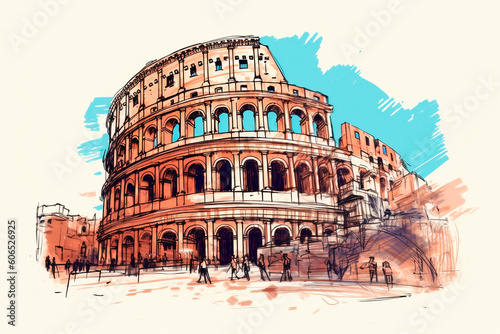 Colosseum in Rome, Italy. Hand drawn sketch illustration.AI Generated