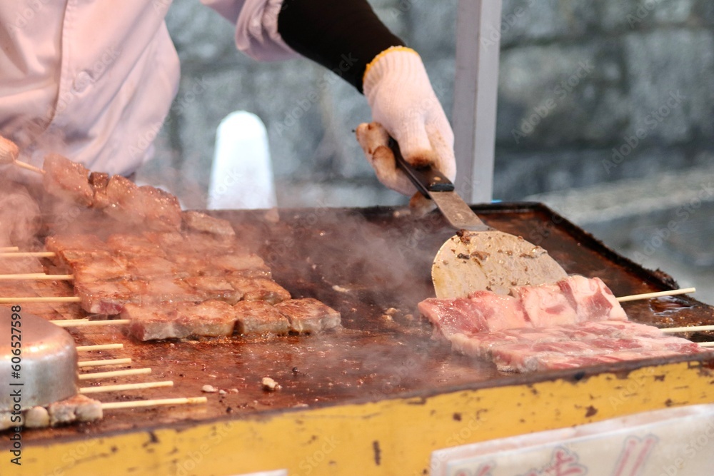 Grilled pork belly in Kyoto, Japan.