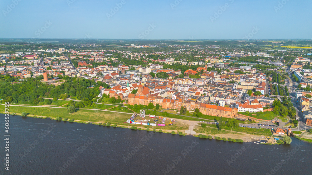 Panoramic aerial view. Old town of Grudziadz at Wisla river. Poland