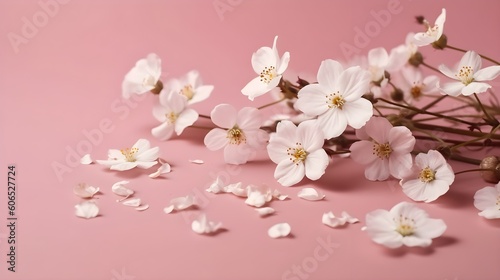 pink petals and tiny white flowers on a pink background create with ia