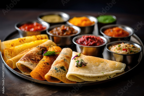 Dosa is a thin batter-based dish originating from South India, made from of lentils and rice. Generated by AI