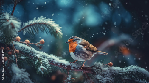 European Robin or Robin Redbreast songbird in snowy weathe in winter.Beautiful festive scene, Created using generative AI tools.