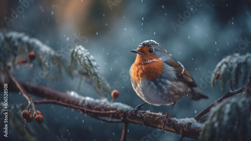 European Robin or Robin Redbreast songbird in snowy weathe in winter.Beautiful festive scene, Created using generative AI tools.
