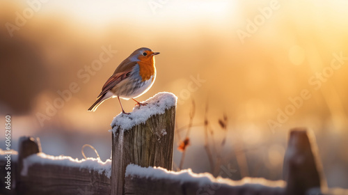 Fotografiet European Robin or Robin Redbreast songbird in snowy weathe in winter