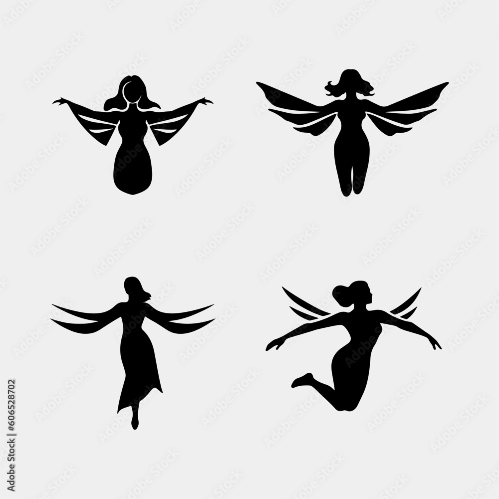 Set of silhouettes of fairies vector isolated on white background. Magical fairies in the cartoon style