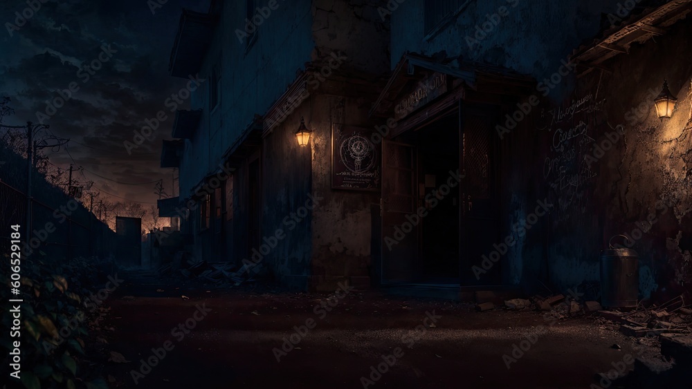 an evening street with a burning lantern