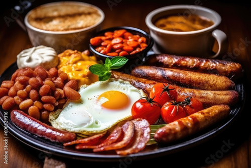 English breakfast with fried eggs, bacon, sausages, beans. Generated by AI
