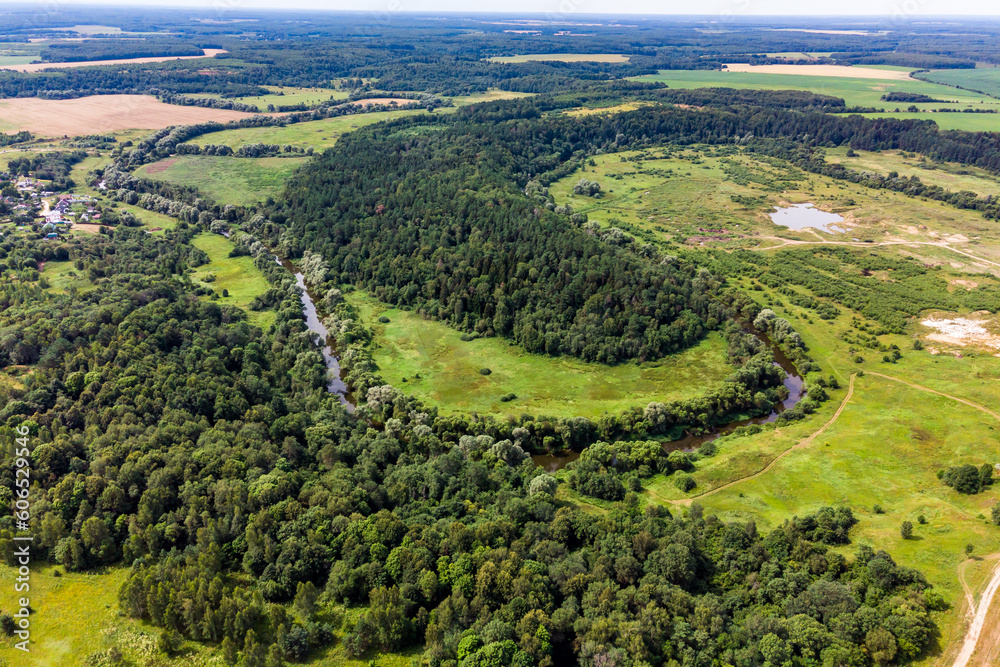 View from a great height on the meandering bed of the Luzha river in the Maloyaroslavetsky district, Kaluga region, Russia