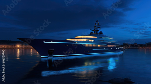 The motor yacht at the marina with a blue light created with Generative AI technology.