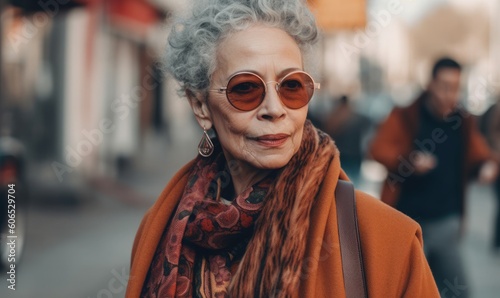 Image of stylish ethnic senior woman on street, generative AI