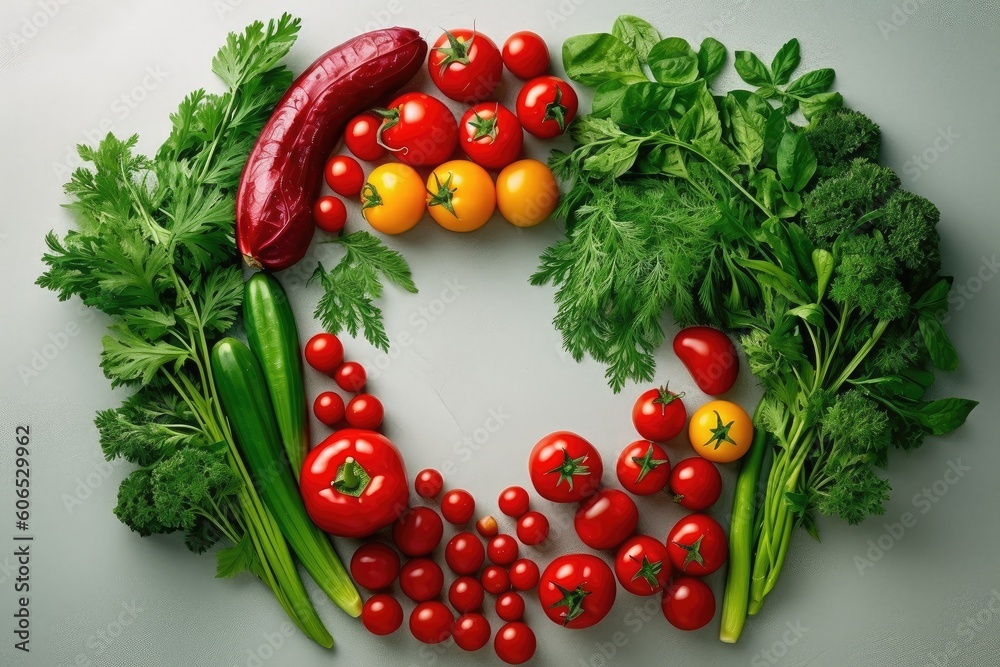 Fresh vegetables are laid out in a circle on a white background top view. Banner for a vegetable shop. Generative ai Fresh vegetables are laid out in a circle on a white background top view. Banner for a vegetable shop. Generative ai