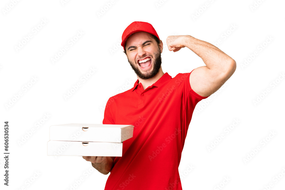 pizza delivery man with work uniform picking up pizza boxes over isolated chroma key background celebrating a victory pizza delivery man with work uniform picking up pizza boxes over isolated chroma key background celebrating a victory