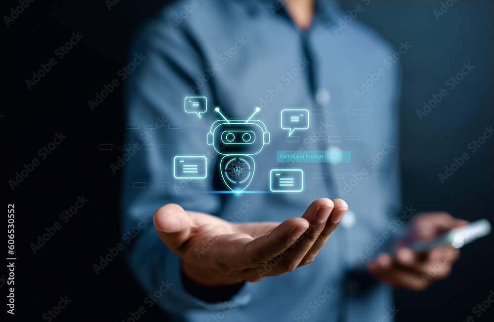 Businessman using robot ai in smartphone intelligence Ai.Chat bot with AI Artificial Intelligence, developed by OpenAI generate. Futuristic technology, robot in online system. Businessman using robot ai in smartphone intelligence Ai.Chat bot with AI Artificial Intelligence, developed by OpenAI generate. Futuristic technology, robot in online system.