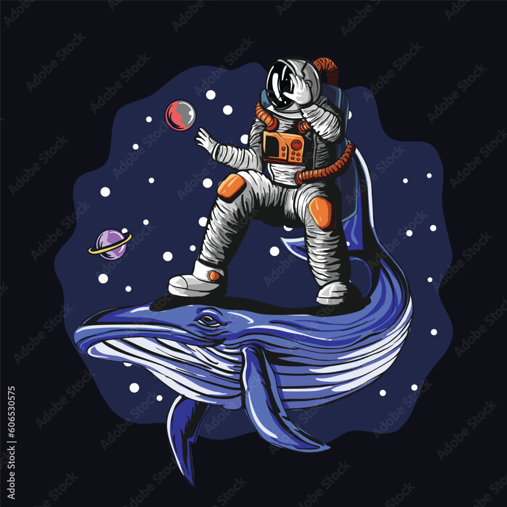 Marine space surfing with astronaut and oceanic mamma