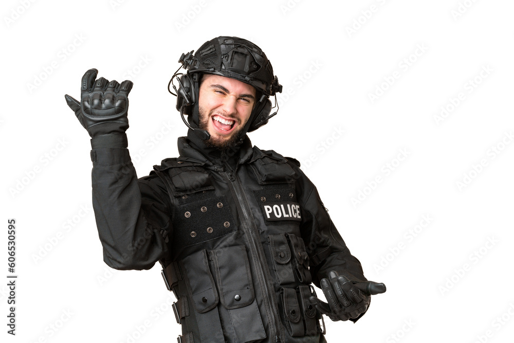SWAT over isolated chroma key background making guitar gesture SWAT over isolated chroma key background making guitar gesture