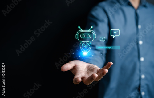 Businessman using robot ai in smartphone intelligence Ai.Chat bot with AI Artificial Intelligence, developed by OpenAI generate. Futuristic technology, robot in online system.