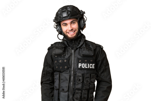 SWAT over isolated chroma key background laughing