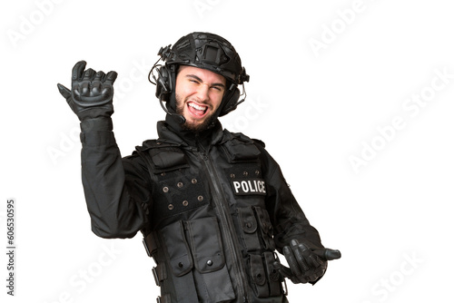 SWAT over isolated chroma key background making guitar gesture