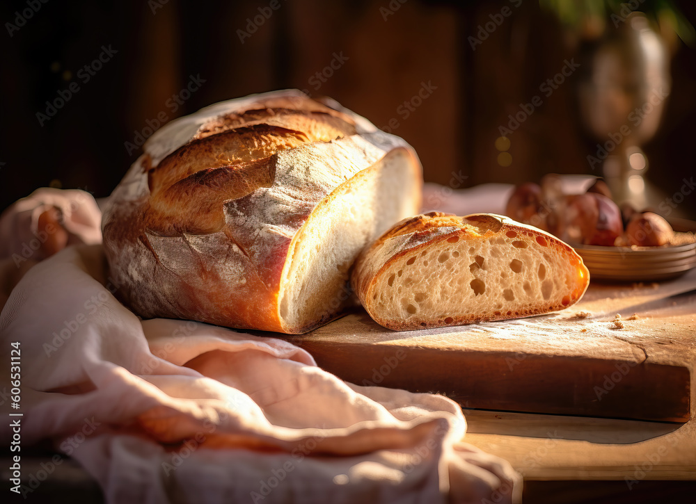 Freshly baked bread with ears of wheat on a wooden table.