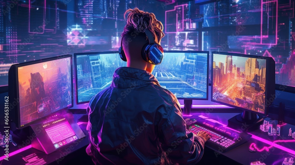 Depict a skilled cyberpunk hacker in a futuristic setting, surrounded by holographic interfaces, intricate code, and virtual reality elements Depict a skilled cyberpunk hacker in a futuristic setting, surrounded by holographic interfaces, intricate code, and virtual reality elements