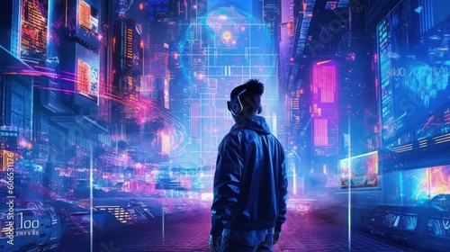 Depict a skilled cyberpunk hacker in a futuristic setting, surrounded by holographic interfaces, intricate code, and virtual reality elements © Damian Sobczyk