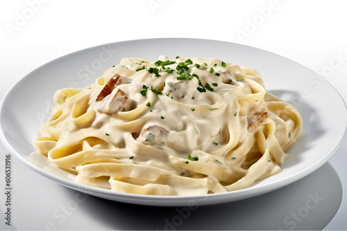 Fettuccine Alfredo, pasta in a creamy sauce made with butter and Parmesan cheese, Generative AI.