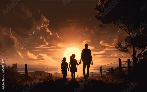 Silhouette of a happy family father, mother and daughterwalking with their backs to the camera. Generative ai