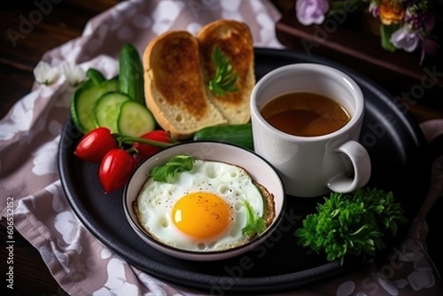 Breakfast of scrambled eggs, coffee, toast top view. Homemade food. Generative ai