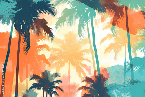 A painting of palm trees in a tropical setting. Generative AI. photo