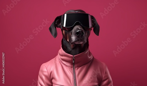 Black dog wearing a VR headset. Virtual reality VR simulation, metaverse and cyberspace. AR augmented reality. Cyberpunk. Generative Ai. © ckybe