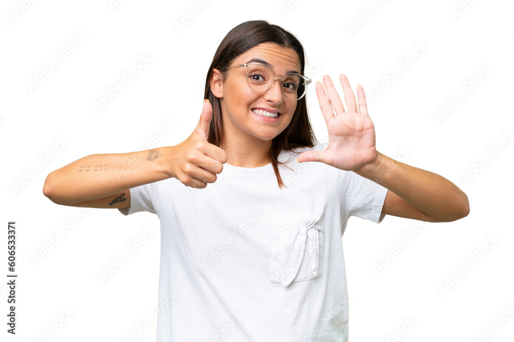 Young caucasian woman isolated on green chroma background counting six with fingers Young caucasian woman isolated on green chroma background counting six with fingers