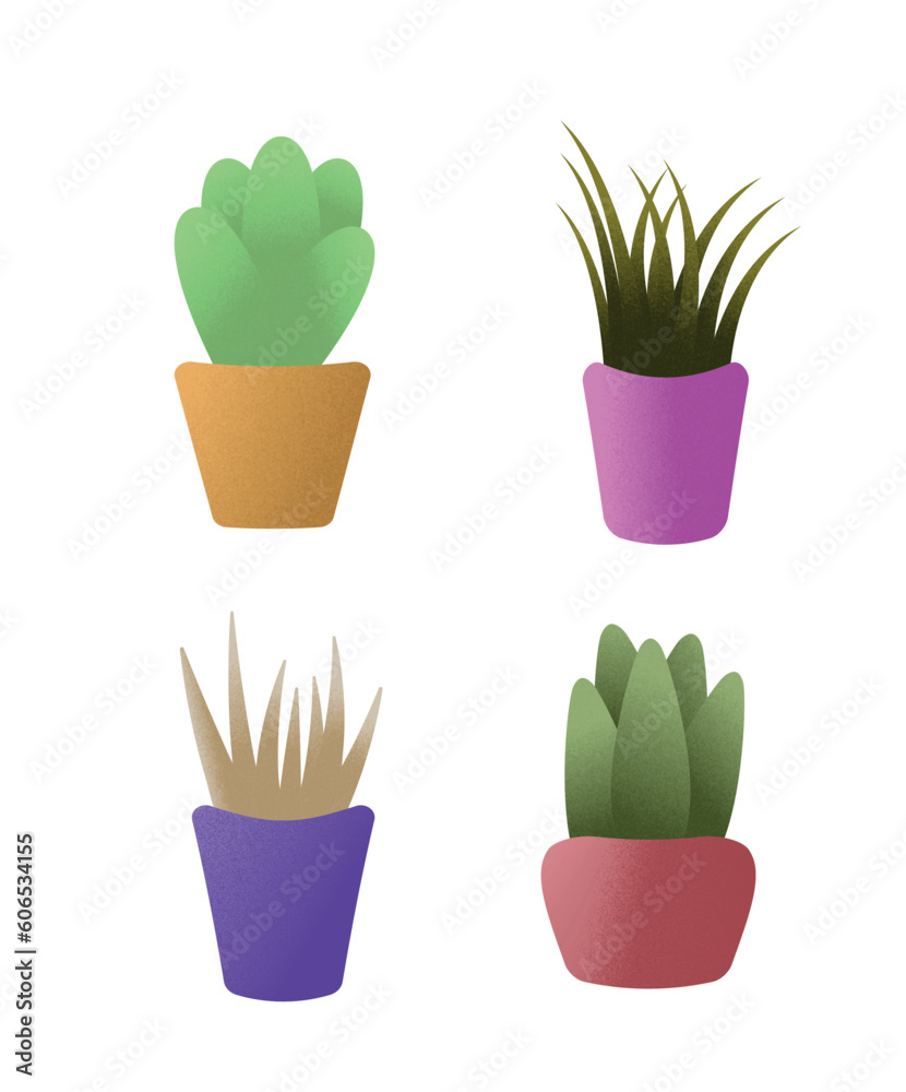houseplants in pots with grain texture vector illustration, succulent, cactus - obrazy, fototapety, plakaty 
