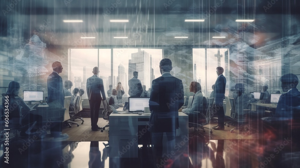 team of business people working together in the office, teamwork background banner, double exposure, group of people at office, Generative AI