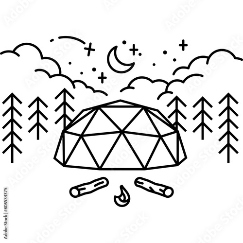 glamping dome camp scene monoline illustration
