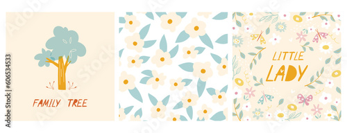 Set of simple floral seamless patterns. Daisy flowers collection with butterfly. Tree design element and inscription family tree. Sketch flat drawing. Botanical collage in modern trendy style.