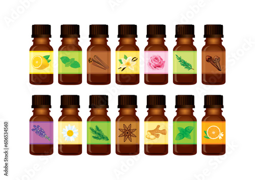 Essential Oil brown glass bottle icon set vector. Nature fragrance oil vial with herbs and spices icon set vector isolated on a white background. Glass cosmetic bottle with fragrance oil collection