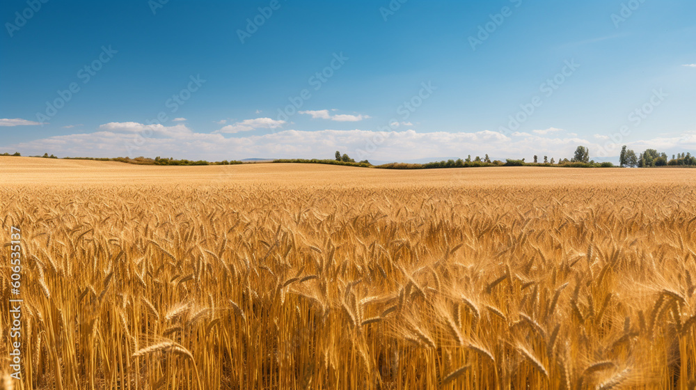 
A field with ripe wheat against a blue sky, industrial cultivation by farmers in the fields of food.
Illustration, Generative AI