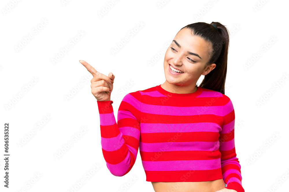 Young beauty woman over isolated chroma key background pointing finger to the side and presenting a product Young beauty woman over isolated chroma key background pointing finger to the side and presenting a product